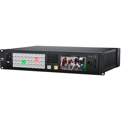 Blackmagic Design ATEM Constellation 8K live production switcher angled view with LCD preview and rack ears