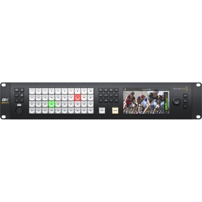 Blackmagic Design ATEM Constellation 8K front panel with numbered source buttons, transition keys and monitor