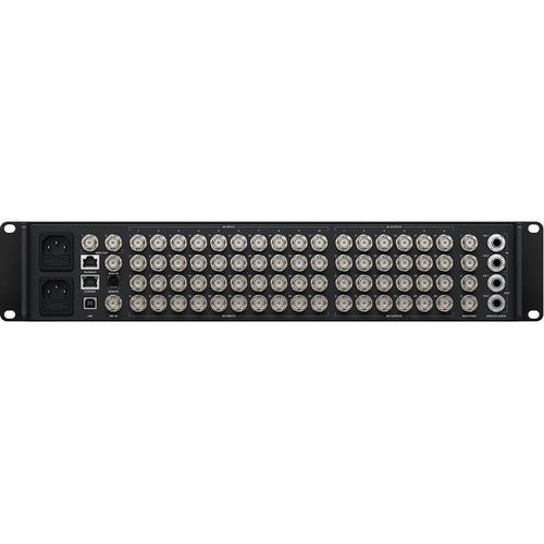 Blackmagic Design ATEM Constellation 8K rear panel with rows of BNC SDI jacks, Ethernet, USB and power inlets