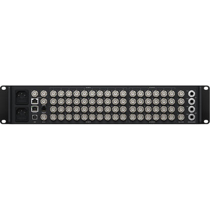 Blackmagic Design ATEM Constellation 8K rear panel with rows of BNC SDI jacks, Ethernet, USB and power inlets