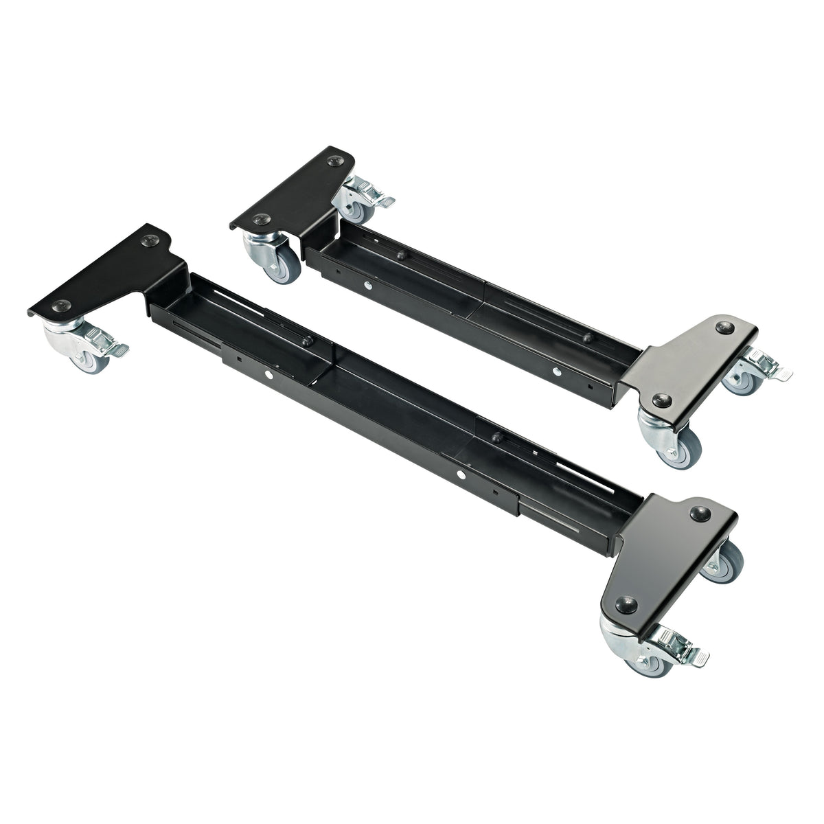 18806 keyboard stand trolley pair of telescopic black steel rails with locking castors, angled overview, K&M