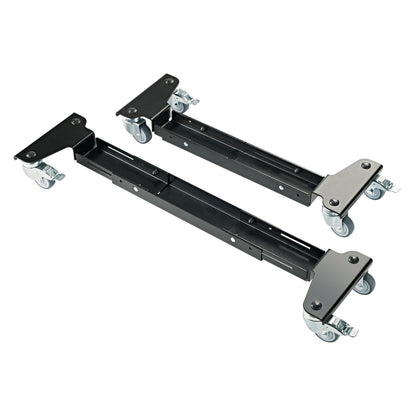 18806 keyboard stand trolley pair of telescopic black steel rails with locking castors, angled overview, K&M