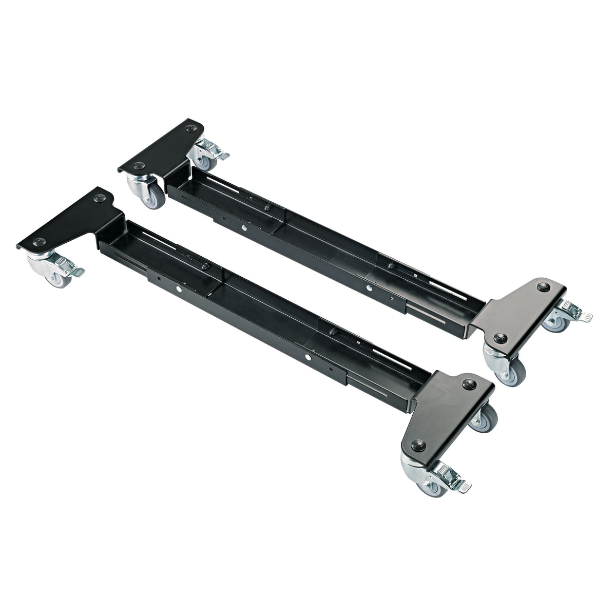 18806 keyboard stand trolley pair of extendable black rails shown from a second angle with braked grey castors, K&M