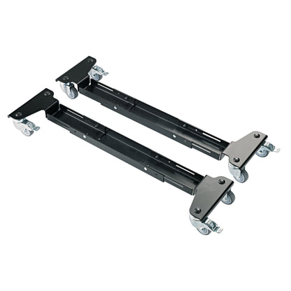 18806 keyboard stand trolley pair of extendable black rails shown from a second angle with braked grey castors, K&M