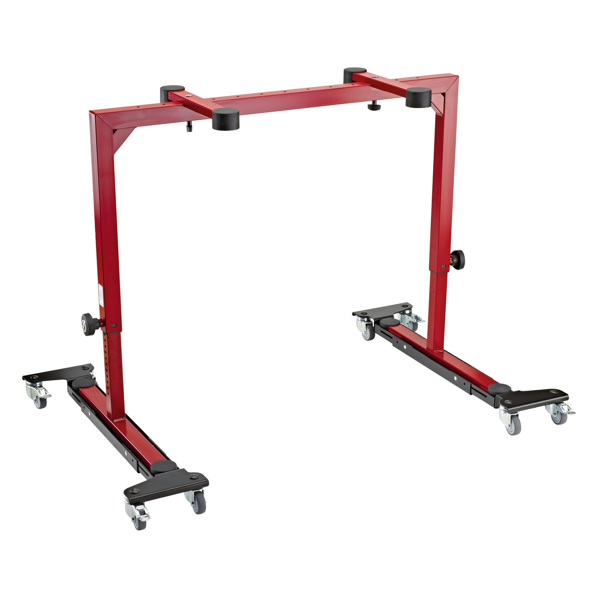 18806 trolley fitted under a red keyboard stand frame, full view with locking castors at each foot, K&M
