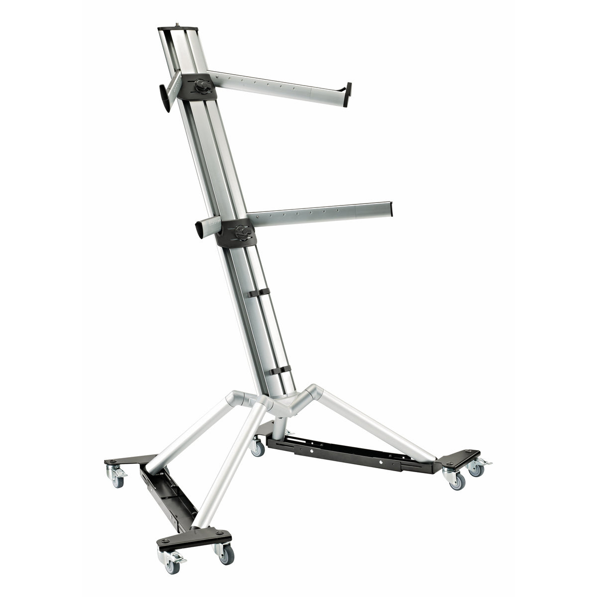 18806 trolley fitted under a silver two-tier keyboard stand with tubular aluminium legs on four locking castors, K&M
