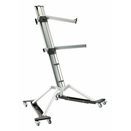 18806 trolley fitted under a silver two-tier keyboard stand with tubular aluminium legs on four locking castors, K&M