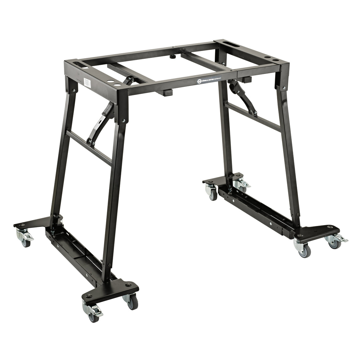 18806 trolley fitted under a black folding keyboard table stand, full view on four locking castors, K&M