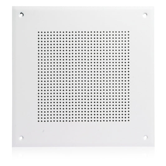 AtlasIED 161-8 white square wall or ceiling baffle front view with perforated grille and corner screw holes