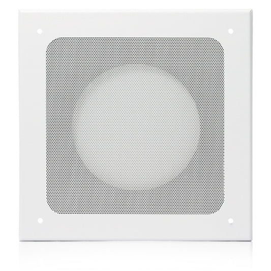 AtlasIED 164-8A deluxe steel baffle in white, front view with perforated grille and corner mounting holes