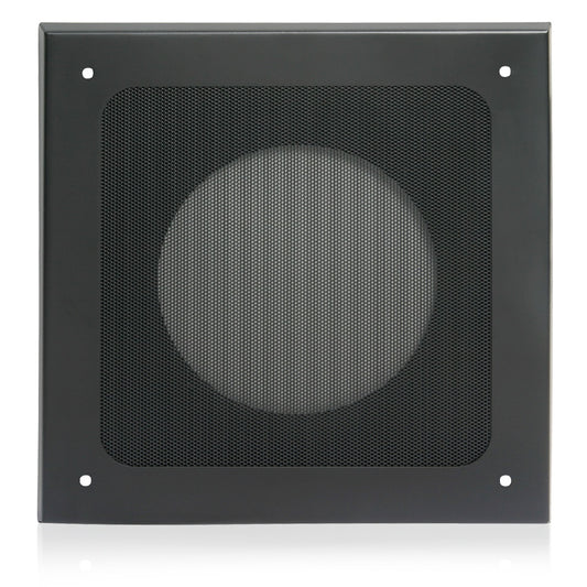 AtlasIED 164-8A-052 black steel baffle for 8" speaker, front view with perforated grille and corner mounting holes