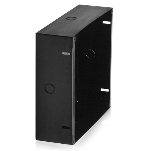 AtlasIED 191-78 recessed ceiling enclosure, angled view of black steel back box with knockouts