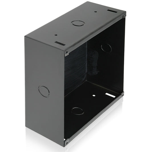 AtlasIED 193-8 black steel enclosure angled view showing open interior and knockouts