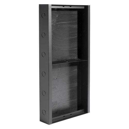AtlasIED 194-89 recessed enclosure shown at an angle with open black steel back box and divider shelf