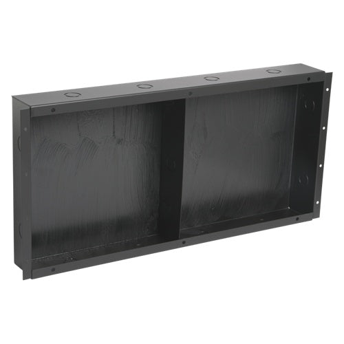 AtlasIED 195-89 recessed enclosure angled view showing black steel back box with knockouts and mounting flange