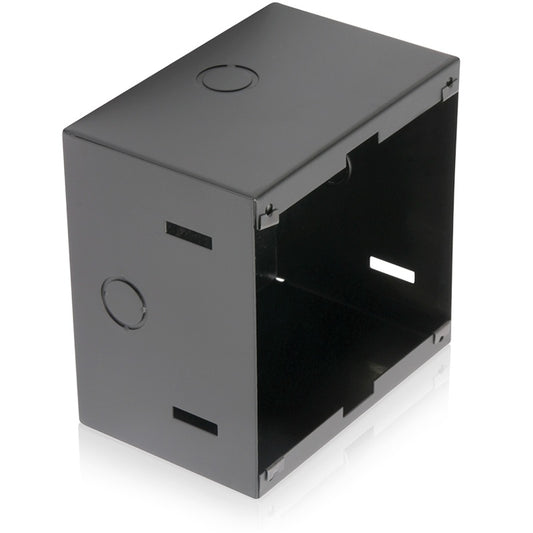 AtlasIED 198-4 square enclosure angled view showing black steel back box with knockouts and mounting slots