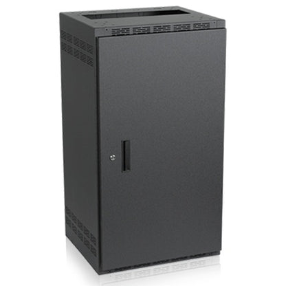 221-18 21 RU welded rack front three-quarter view with optional solid front door, lock and vented side panels, AtlasIED