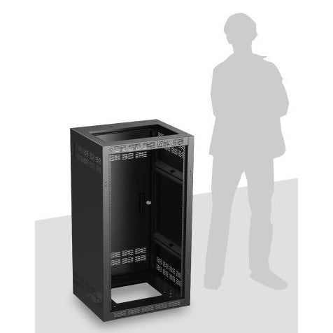 221-18 welded equipment rack shown beside human silhouette for scale, open front with rear door and vented top, AtlasIED