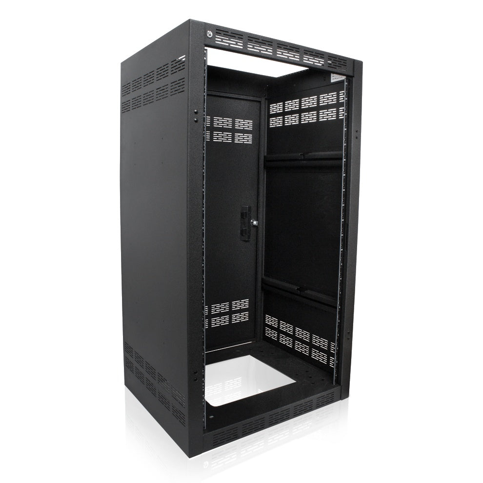 221-18 18.5-inch deep welded rack rear three-quarter view showing hinged rear door, threaded rack rails and top cable access cutout, AtlasIED