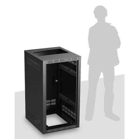 221-25 21 RU welded equipment rack angled front view with open frame, vented top and human silhouette for scale, AtlasIED