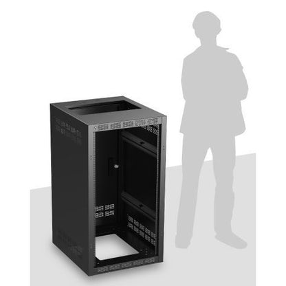 221-25 21 RU welded equipment rack angled front view with open frame, vented top and human silhouette for scale, AtlasIED