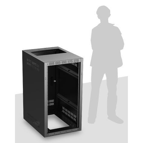 221-30 welded 21 RU equipment rack angled front view with vented top and open cable access, shown beside human silhouette for scale, AtlasIED