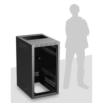 221-30 welded 21 RU equipment rack angled front view with vented top and open cable access, shown beside human silhouette for scale, AtlasIED