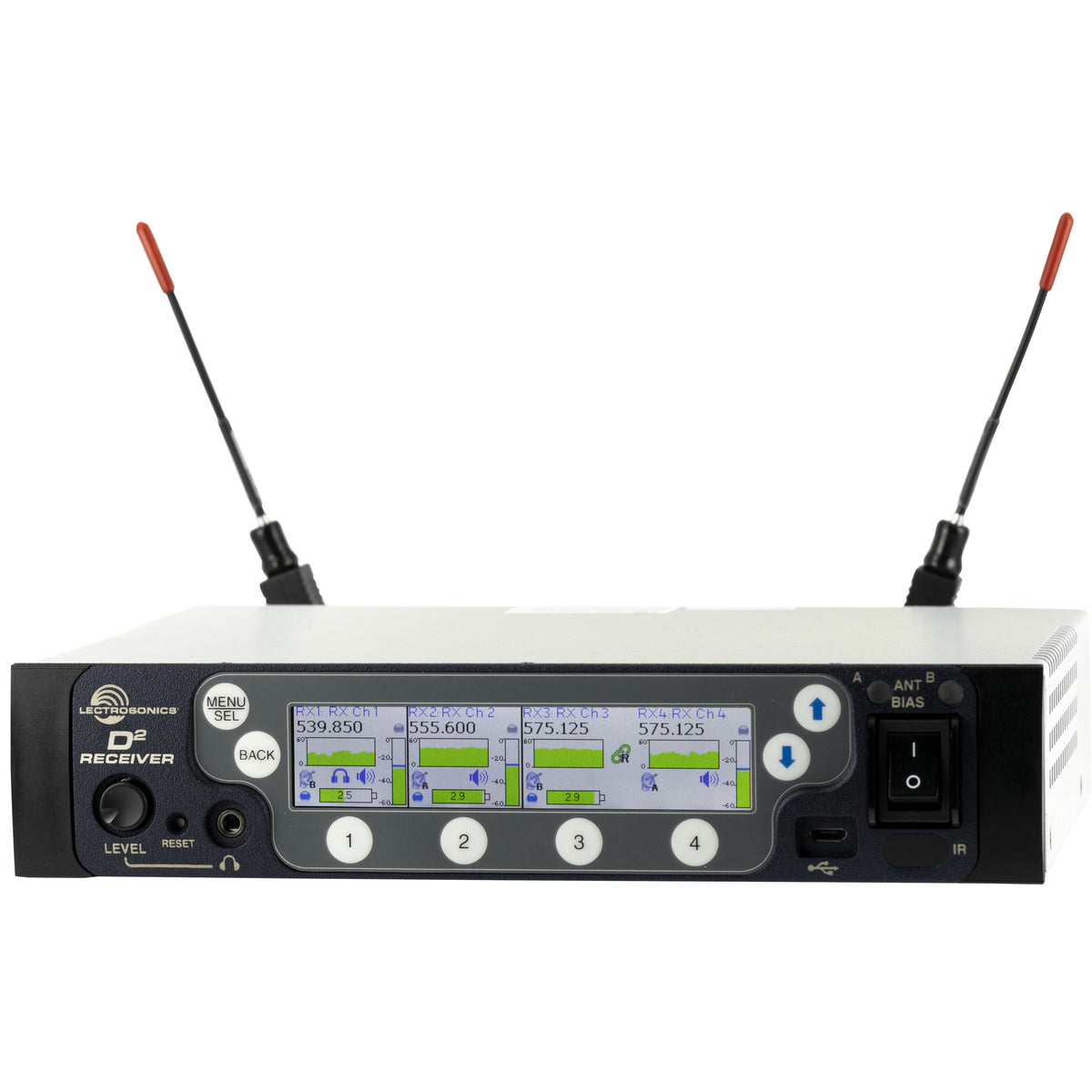 DSQD 4-channel digital receiver front panel with dual whip antennas and LCD showing four RX channel frequencies, Lectrosonics