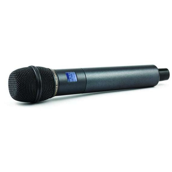DHu digital wideband handheld wireless transmitter angled side view with dark mesh capsule grille and blue LCD screen on the body, Lectrosonics