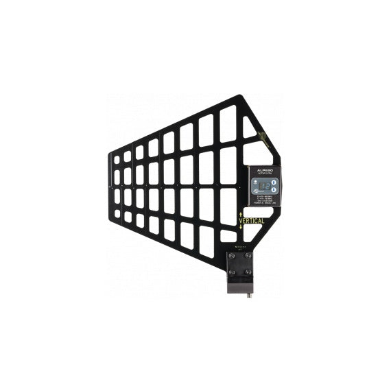 ALP690 LPDA wireless antenna front view showing black grid-style element panel, gain display module and vertical orientation marking, Lectrosonics