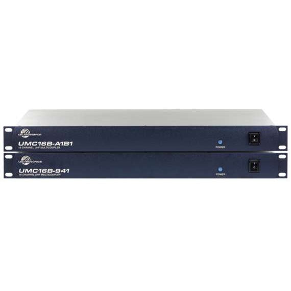 UMC16B multicoupler front view of two stacked 1U rack units, labeled UMC16B-A1B1 and UMC16B-941, each with blue panel, power LED and rocker switch, Lectrosonics