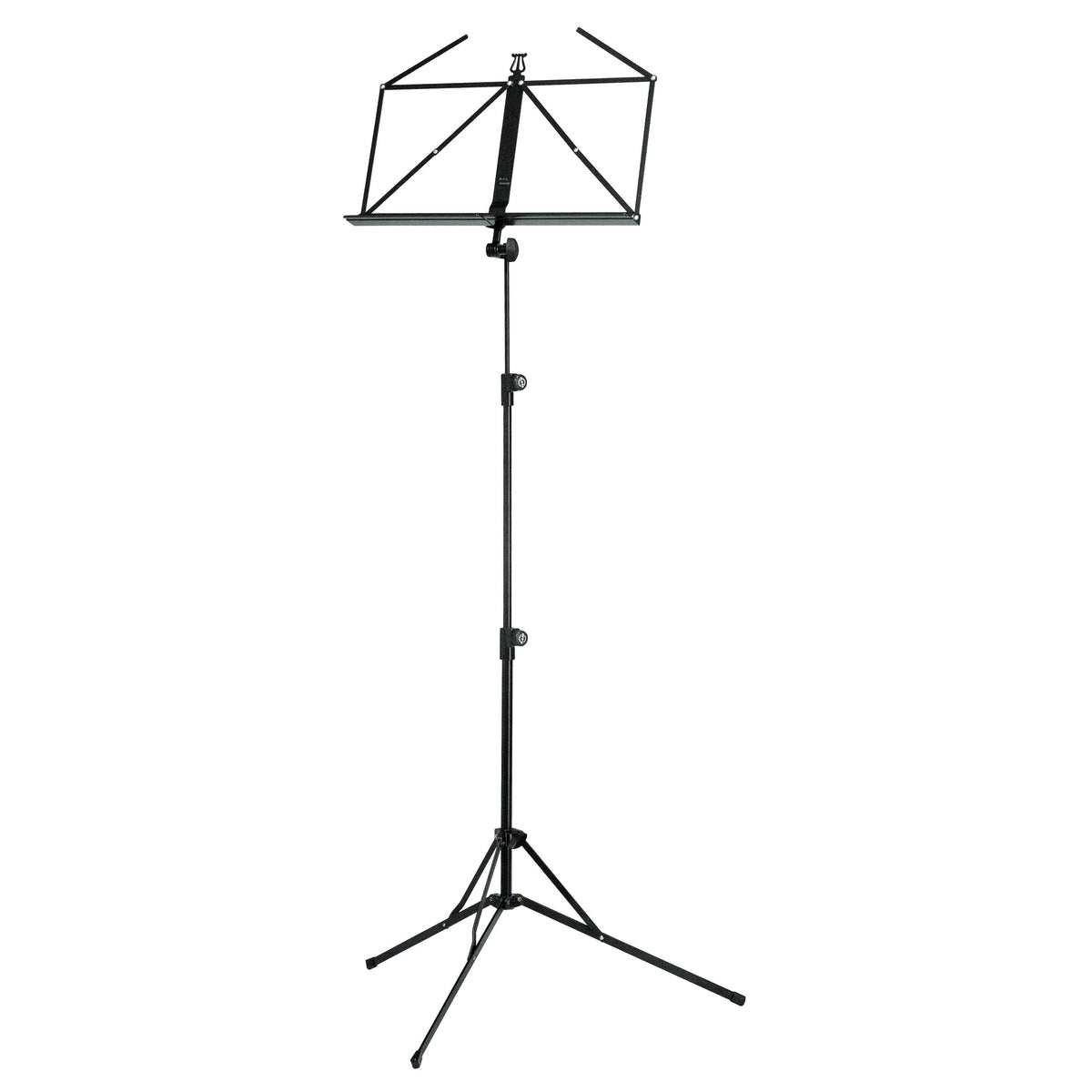 100/5 folding music stand full front view with black steel desk extended on a three-section tripod base with two height-lock knobs, K&M