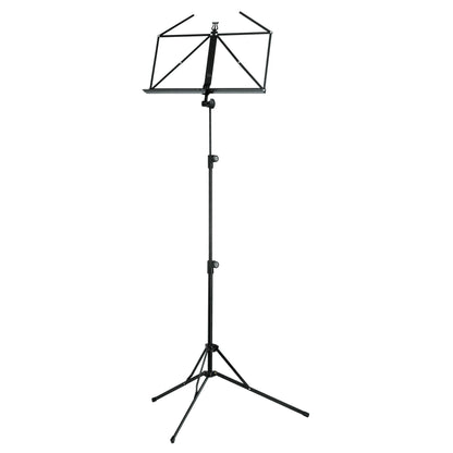 100/5 folding music stand full front view with black steel desk extended on a three-section tripod base with two height-lock knobs, K&M