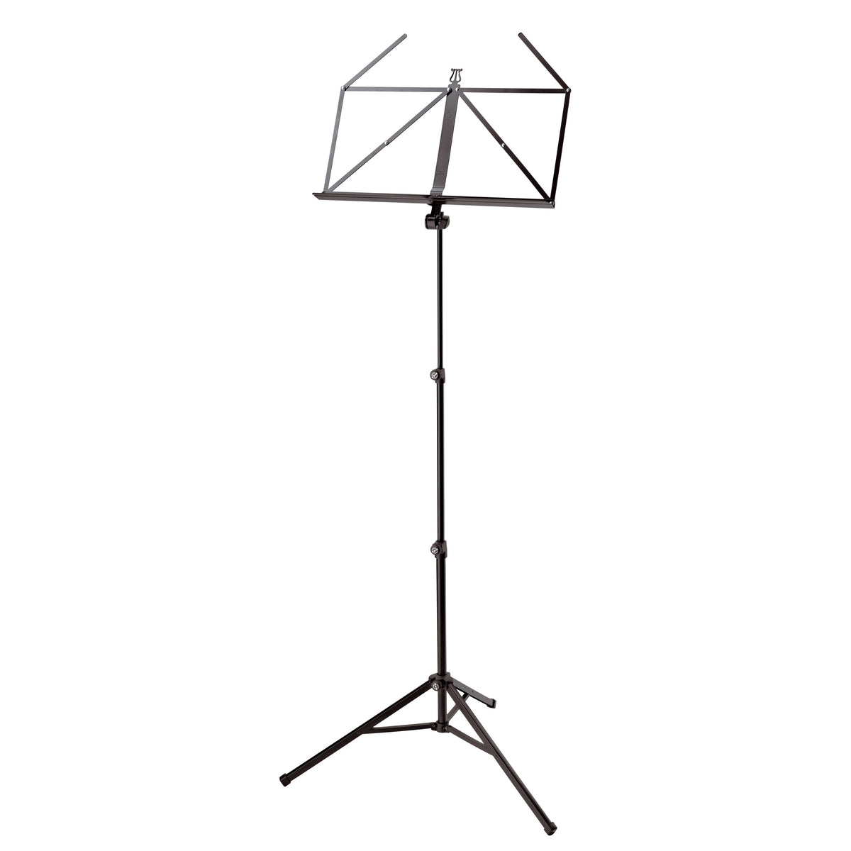 10065 folding music stand full front view with open wire desk on extended three-section tripod stand in black, K&M