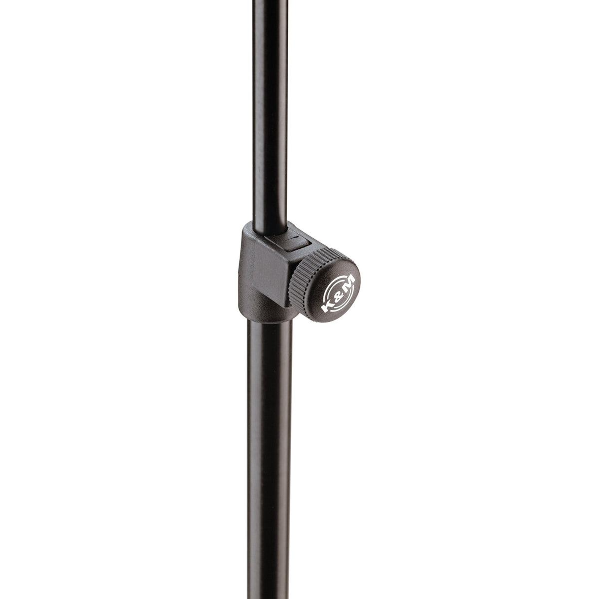 10065 music stand height adjustment clamp close-up with knurled locking knob bearing K&M logo on black telescopic tube, K&M