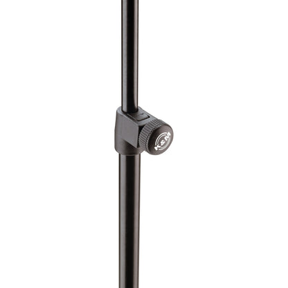 10065 music stand height adjustment clamp close-up with knurled locking knob bearing K&M logo on black telescopic tube, K&M