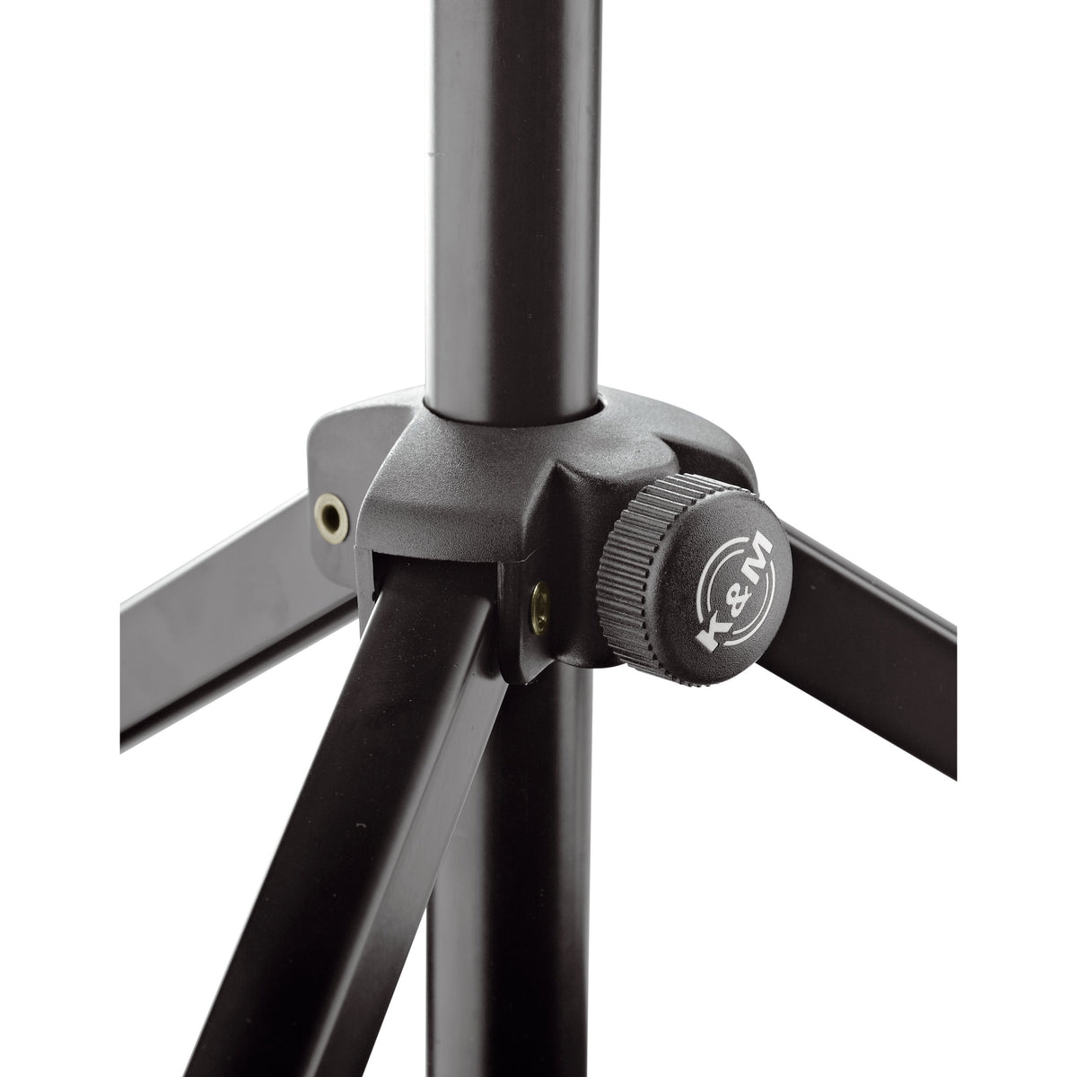 10065 music stand tripod base hub close-up showing K&M logo locking knob and leg attachment points, K&M