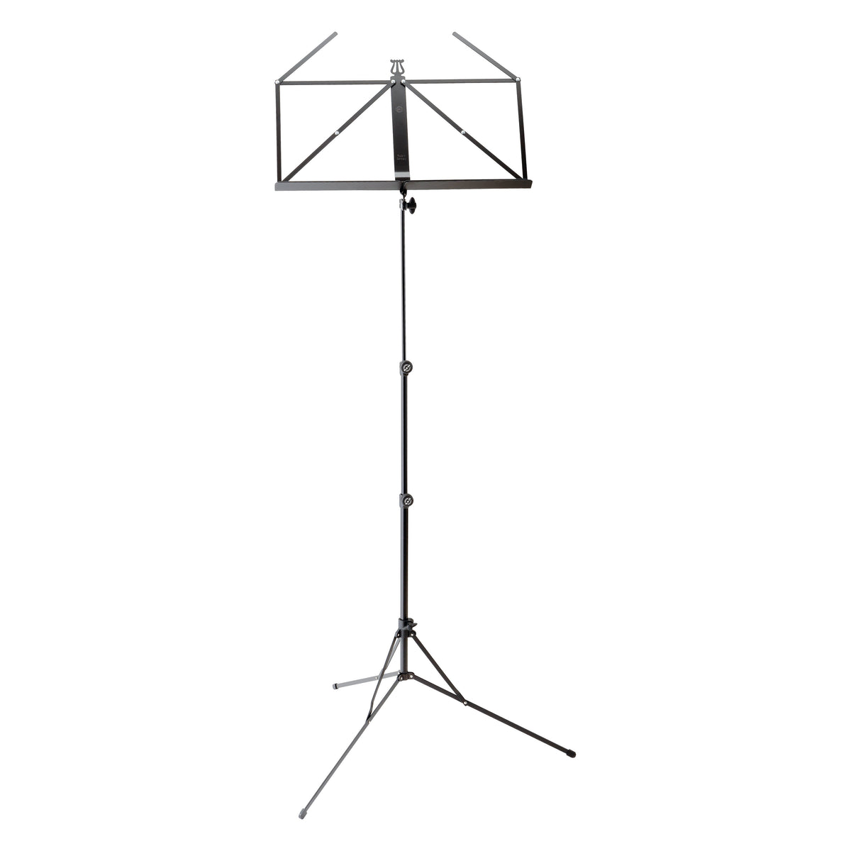 101 music stand full front view extended on tripod base with open wire desk and lyre-shaped top, K&M