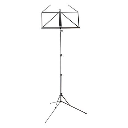101 music stand full front view extended on tripod base with open wire desk and lyre-shaped top, K&M