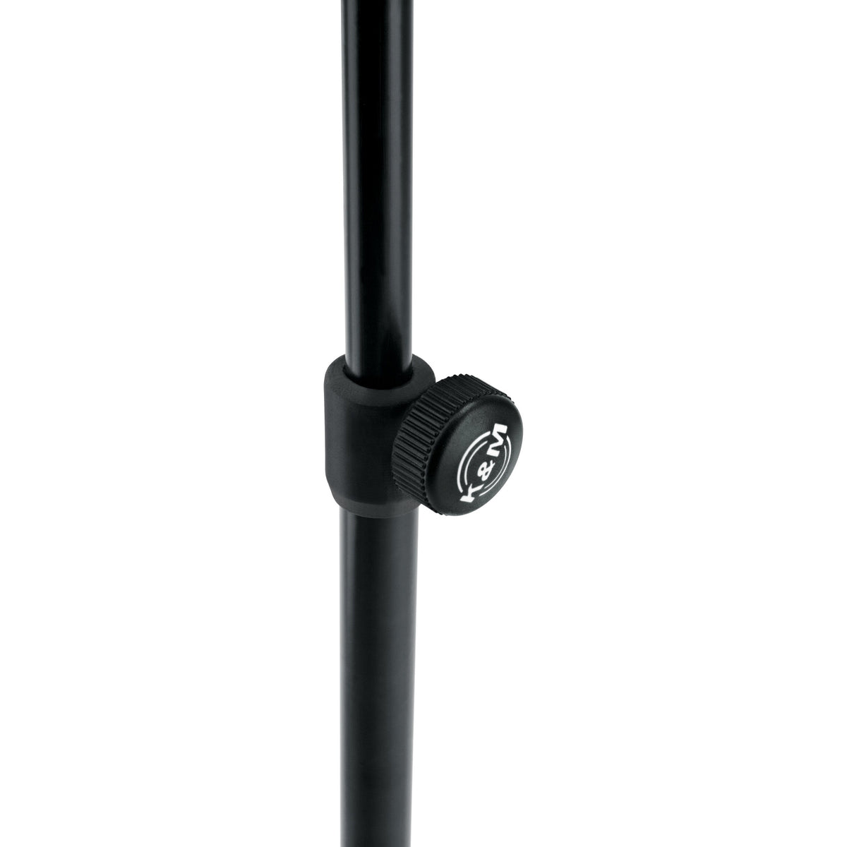 101 music stand height adjustment clamp detail with knurled locking knob embossed with K&M logo on black tube, K&M
