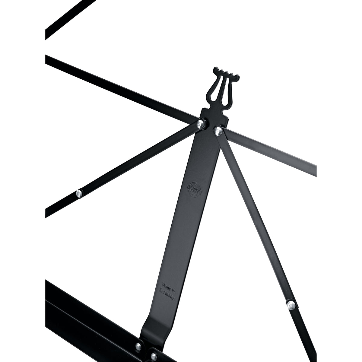 101 music stand desk close-up showing lyre-shaped top, riveted folding struts and Made in Germany stamp on center support, K&M