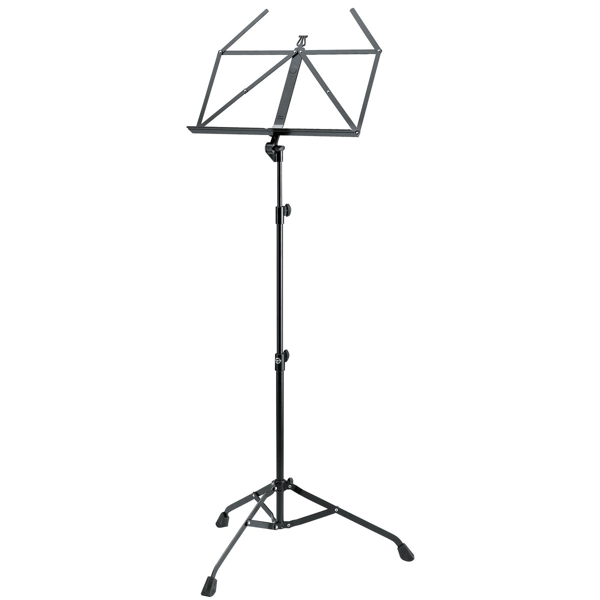 10700 folding music stand full front view with open desk, telescoping black shaft with two lock knobs and tripod base with rubber feet, K&M