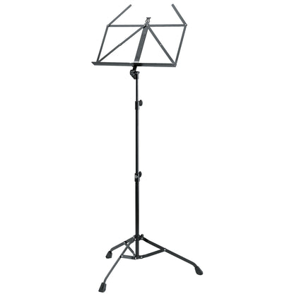 10700 folding music stand full front view with open desk, telescoping black shaft with two lock knobs and tripod base with rubber feet, K&M