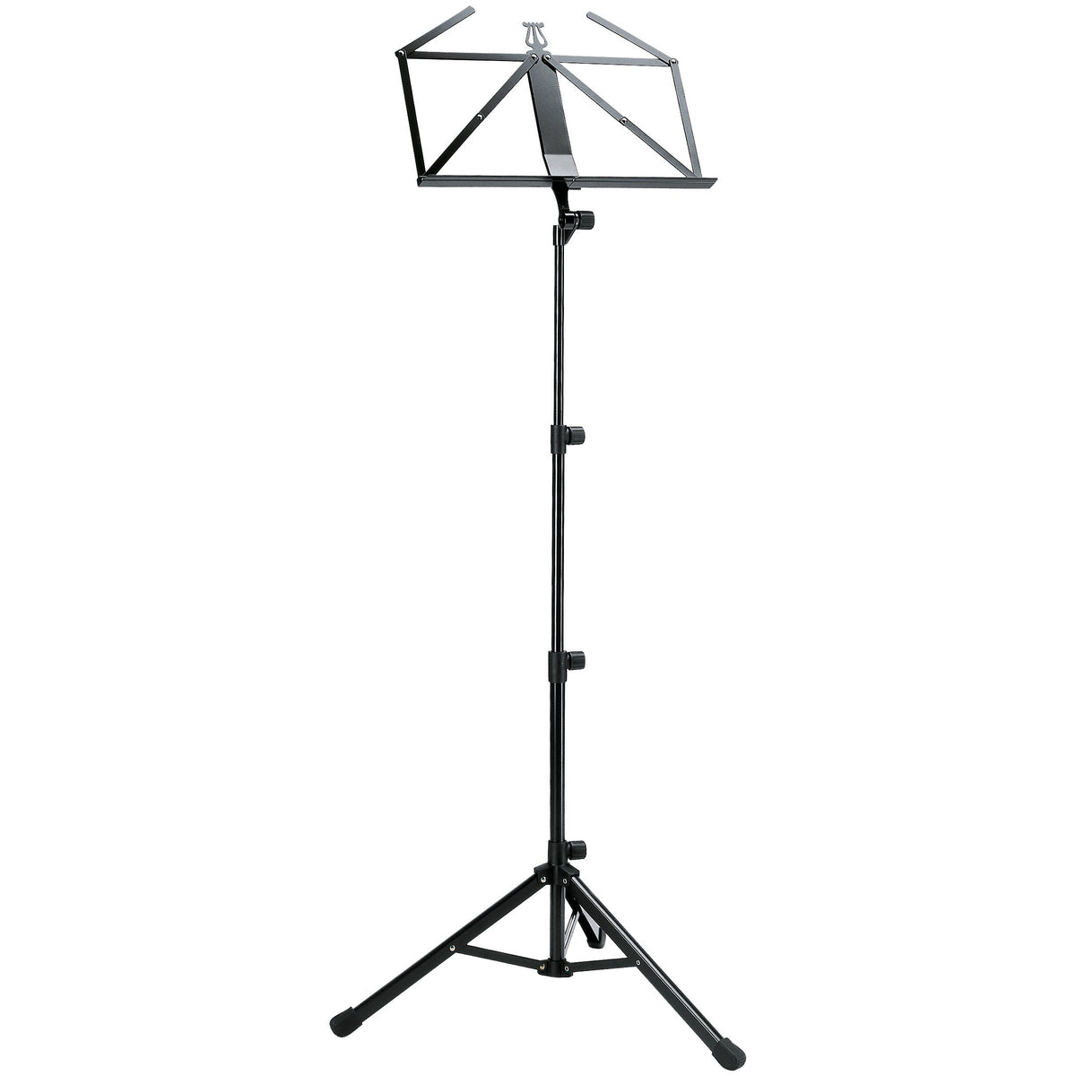 10810 folding music stand full front view with large open wire desk, telescoping column with black clamp knobs and tripod base with rubber feet, K&M