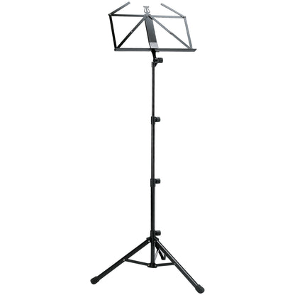 10810 folding music stand full front view with large open wire desk, telescoping column with black clamp knobs and tripod base with rubber feet, K&M