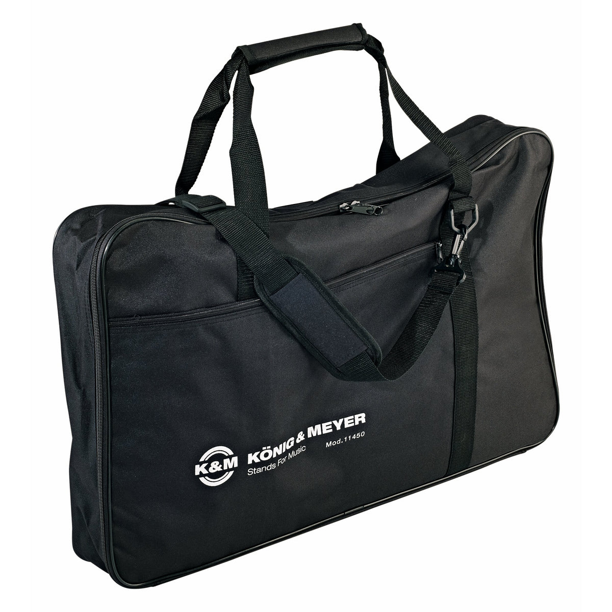 11450 waterproof nylon carrying case front three-quarter view with padded top handle, shoulder strap and white König & Meyer logo on black front pocket, K&M