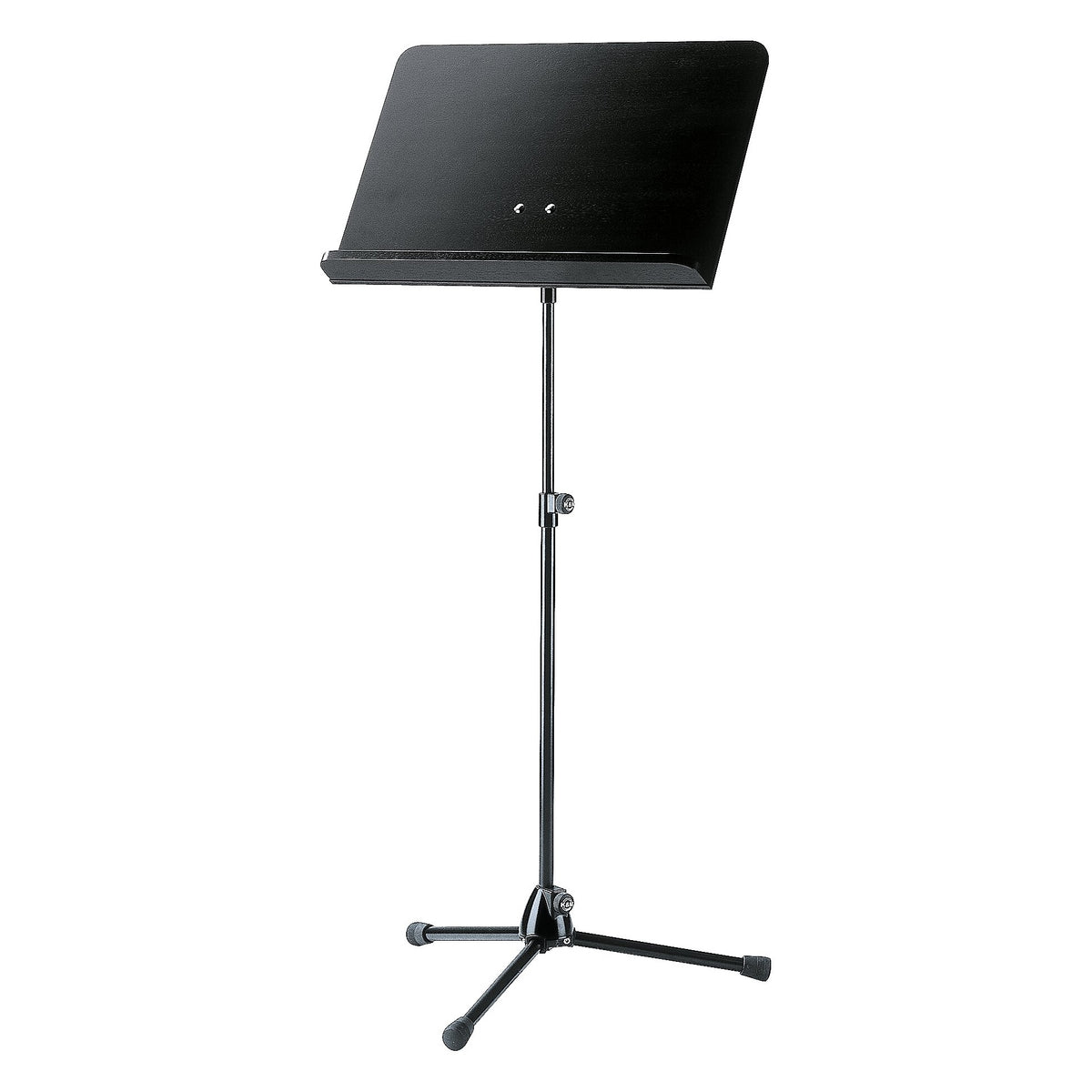118/1 Orchestra music stand full front view with black desk, height-adjustment clamp on the shaft and folding tripod base with rubber-capped feet, K&M