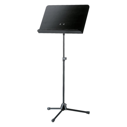 118/1 Orchestra music stand full front view with black desk, height-adjustment clamp on the shaft and folding tripod base with rubber-capped feet, K&M