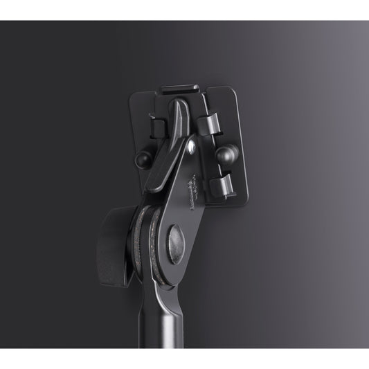 118/1 Orchestra music stand close-up of desk mounting bracket and tilt joint with locking lever, tension knob and metal clips, K&M