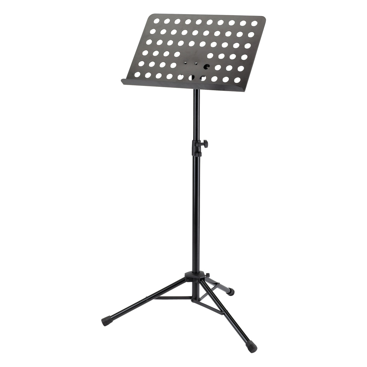 11940 orchestra music stand full front view with perforated black desk, height-adjustment knob and tripod base with rubber feet, K&M